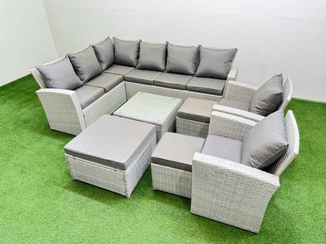 Rackhams Outdoor Rattan Garden Furniture Set 11 Seater Corner Sofa Sets with Square Coffee Table Chair 3 Footstools Light Grey Mixed - image 1