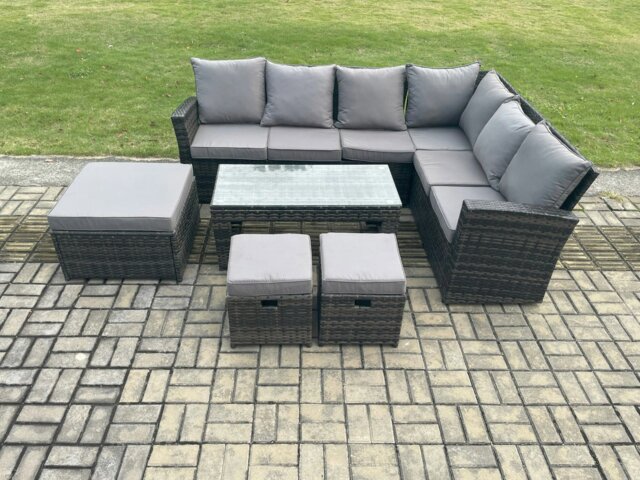Rackhams Rattan Corner Sofa Garden Furniture Set with 3 Footstools Rectangular Coffee Table with Cushion Dark Grey Mixed - image 1