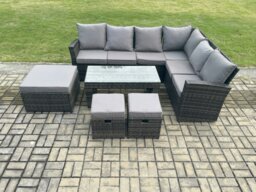 Rackhams Rattan Corner Sofa Garden Furniture Set with 3 Footstools Rectangular Coffee Table with Cushion Dark Grey Mixed - thumbnail 1