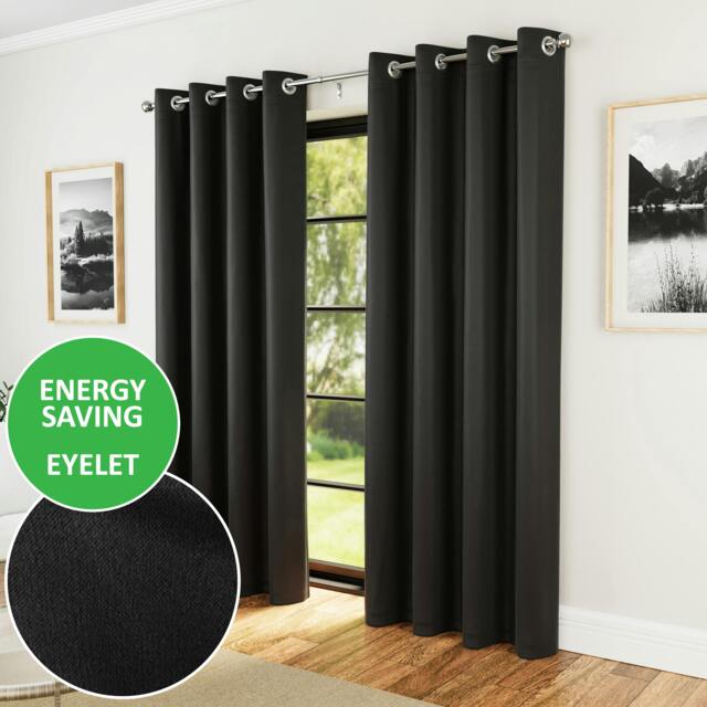 "Rackhams Nightfall Plain Supersoft Thermal Room Darkening Eyelet Curtain - Pair for Living Room & Bedrooms - 90"" (229cm) Width x 90"" (229cm) Drop - Black" - image 1