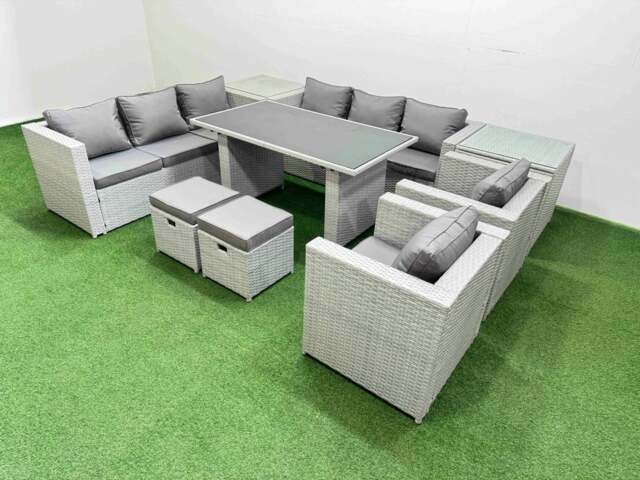 Rackhams 10 Seater Wicker PE Rattan Furniture Outdoor Dining Table 3 Seater Sofa Armchair Set with 2 Side Tables 2 Small Stools Light Grey - image 1