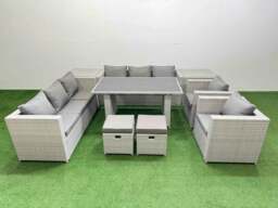 Rackhams 10 Seater Wicker PE Rattan Furniture Outdoor Dining Table 3 Seater Sofa Armchair Set with 2 Side Tables 2 Small Stools Light Grey - thumbnail 2