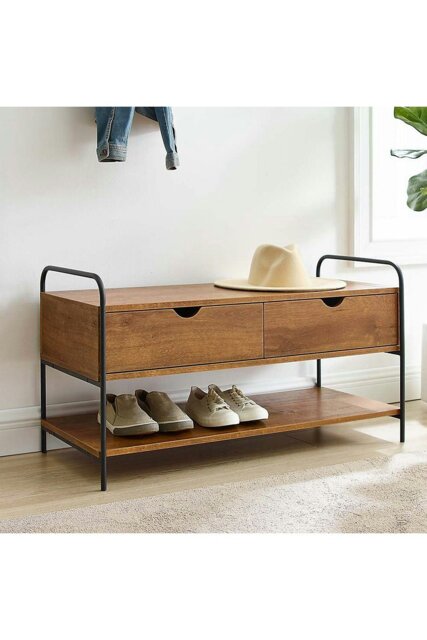 Rackhams Modern 2-Drawer Metal and Wood Entry Bench Shoes Storage Shelf - Walnut - image 1