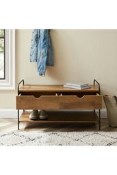 Rackhams Modern 2-Drawer Metal and Wood Entry Bench Shoes Storage Shelf - Walnut - thumbnail 3