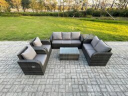 Rackhams 7 Seater Rattan Wicker Garden Furniture Patio Conservatory Sofa Set with Rectangular Coffee Table 3 Seater Sofa Love Sofa Side Table - thumbnail 1