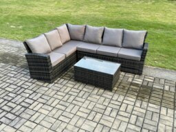 Rackhams 6 Seater High Back Rattan Garden Furniture Set Corner Sofa With Rectangular Coffee Table - thumbnail 1