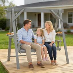 Rackhams 3 Seater Wooden Garden Swing Chair with Side Tables, Dark Grey - Dark Grey - 1 - Swing Bench