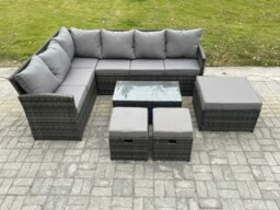 Rackhams 9 Seater Rattan Lounge Corner Sofa Set Wicker PE Outdoor Garden Furniture Set with Coffee Table 3 Footstools Dark Grey Mixed - thumbnail 2