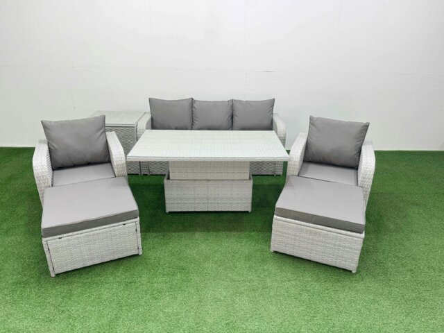 Rackhams Light Grey PE Rattan Outdoor Lounge Set - Reclining Chair, Adjustable Lifting Dining/Coffee Table, Side Table & 2 Big Footstools - image 1