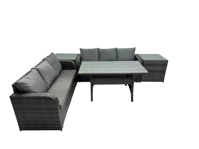 Rackhams 6 Seat Outdoor Wicker PE Rattan Garden Furniture Set Dining Table Sofa Set with 2 Side Tables Dark Grey Mixed - image 1