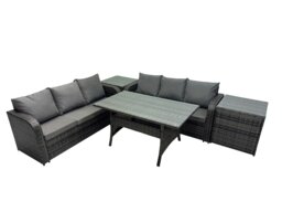 Rackhams 6 Seat Outdoor Wicker PE Rattan Garden Furniture Set Dining Table Sofa Set with 2 Side Tables Dark Grey Mixed - thumbnail 2