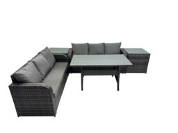Rackhams 6 Seat Outdoor Wicker PE Rattan Garden Furniture Set Dining Table Sofa Set with 2 Side Tables Dark Grey Mixed - thumbnail 1