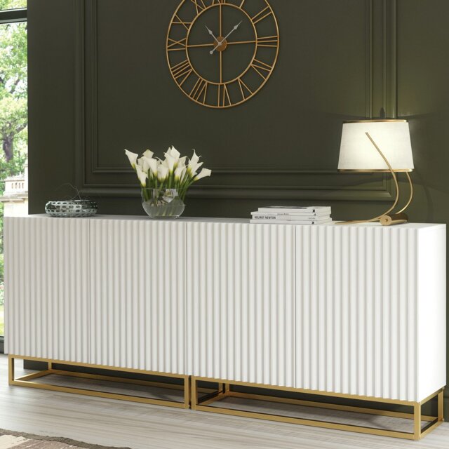 Rackhams Sophisticated White Sideboard with Fluted Fronts & Gold Legs – 200cm Storage Unit - 200 cm - white - 1 - image 1