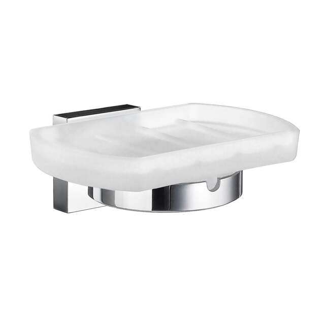 Rackhams Frosted Glass Soap Dish Tray and Polished Chrome Wall Mounted Holder with Concealed Screws for Bath Shower Bathroom
