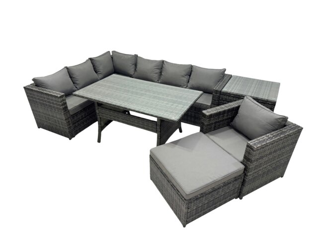 Rackhams Outdoor PE Rattan Sofa Set with Dining Table Patio Garden Furniture Sets with Chair Big Stool Side Table Dark Grey Mixed - image 1