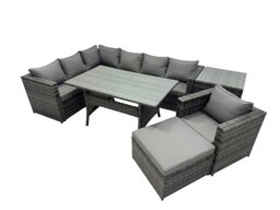 Rackhams Outdoor PE Rattan Sofa Set with Dining Table Patio Garden Furniture Sets with Chair Big Stool Side Table Dark Grey Mixed - thumbnail 1