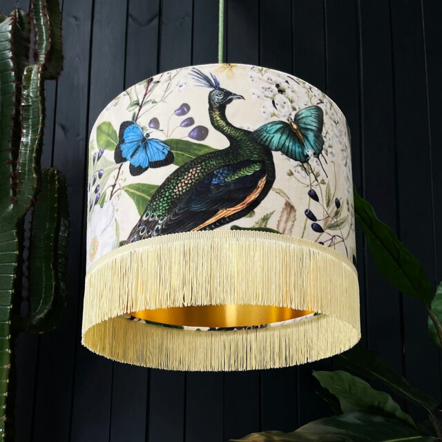 "Rackhams Parchment Mythical Plumes Velvet Lampshade With Gold Lining and Fringing - Ceiling Pendant / Arc Lamp - 40cm Diameter x 25cm Height (16"" x 10"")" - image 1