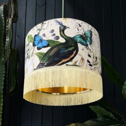 "Rackhams Parchment Mythical Plumes Velvet Lampshade With Gold Lining and Fringing - Ceiling Pendant / Arc Lamp - 40cm Diameter x 25cm Height (16"" x 10"")" - thumbnail 1