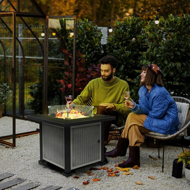 Rackhams Outdoor Propane Gas Fire Pit Table w/ Wind Screen & Glass Beads, Grey - Grey - Metal, Glass - 81cm x 81cm x 64cm - image 1