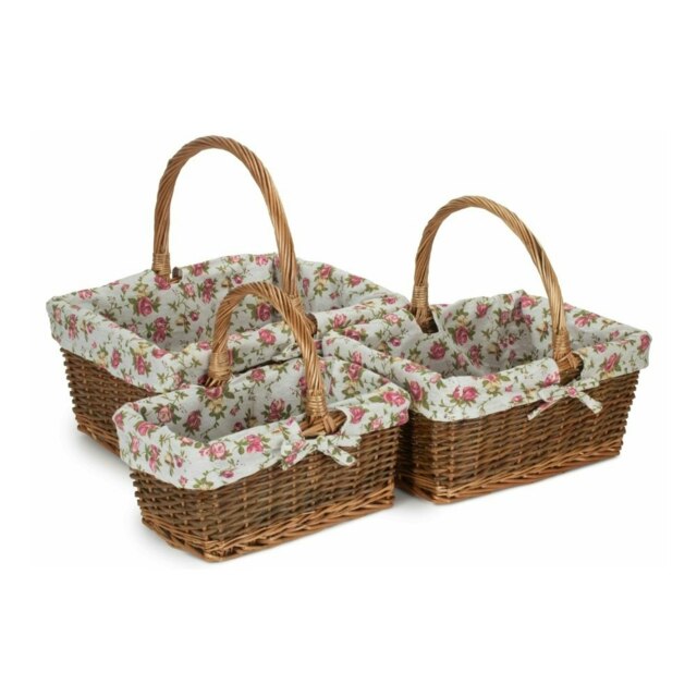 Rackhams Rectangular Unpeeled Willow Shopping Basket With Garden Rose Lining - Medium