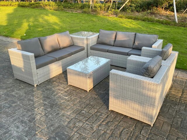 Rackhams 6 PC Light Grey Outdoor PE Rattan Garden Furniture Set Wicker Sofa Coffee Table 2 Armchair - image 1