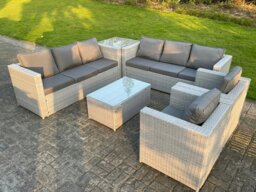 Rackhams 6 PC Light Grey Outdoor PE Rattan Garden Furniture Set Wicker Sofa Coffee Table 2 Armchair - thumbnail 3