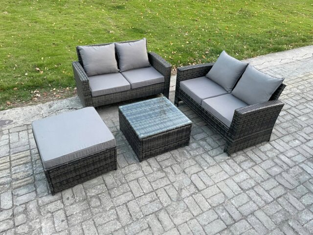 Rackhams Rattan Garden Furniture Set 4 piece Patio Rattan Furniture Sofa Weaving Wicker includes 2 Double Seat Sofa, Coffee Table and Big Footstool - image 1