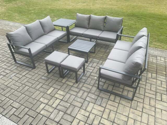 Rackhams Aluminium 11 Seater Outdoor Garden Furniture Set Patio Lounge Sofa with Square Coffee Table Side Table 2 Small Footstools Dark Grey - image 1