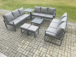 Rackhams Aluminium 11 Seater Outdoor Garden Furniture Set Patio Lounge Sofa with Square Coffee Table Side Table 2 Small Footstools Dark Grey - thumbnail 1