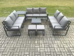 Rackhams Aluminium 11 Seater Outdoor Garden Furniture Set Patio Lounge Sofa with Square Coffee Table Side Table 2 Small Footstools Dark Grey - thumbnail 2
