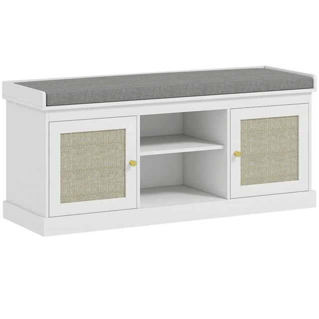 Rackhams Boho Shoe Storage Bench with Padded Cushion and Rattan Doors - White