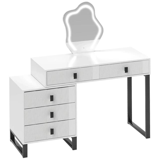 Rackhams Dressing Table, Vanity Desk with Leaf Shape Mirror, Makeup Table with 5 Drawers, 3-Colour LED Lights, 100x40cm Tabletop, White