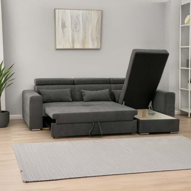 Rackhams Miami Grey Fabric Reversible Corner Sofa Bed With Storage and Headrests - image 1