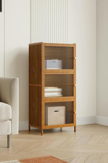 Rackhams Versatile 3-Tier Bamboo Storage Cabinet Bookcase Bookshelf Storage Rack w/ Doors - image 1