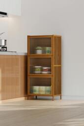 Rackhams Versatile 3-Tier Bamboo Storage Cabinet Bookcase Bookshelf Storage Rack w/ Doors - thumbnail 4