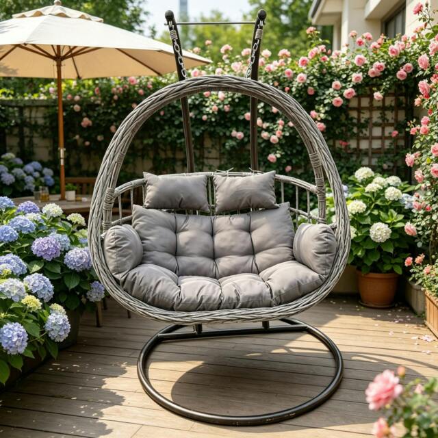 Rackhams Rattan Hammock Garden 2 Person Hanging Egg Chair Indoor Outdoor Patio Furniture with Grey Cushion - image 1