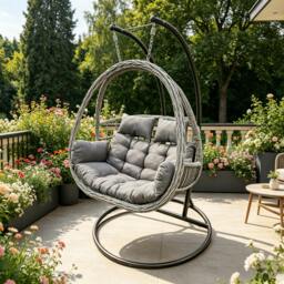 Rackhams Rattan Hammock Garden 2 Person Hanging Egg Chair Indoor Outdoor Patio Furniture with Grey Cushion - thumbnail 4