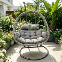 Rackhams Rattan Hammock Garden 2 Person Hanging Egg Chair Indoor Outdoor Patio Furniture with Grey Cushion - thumbnail 5