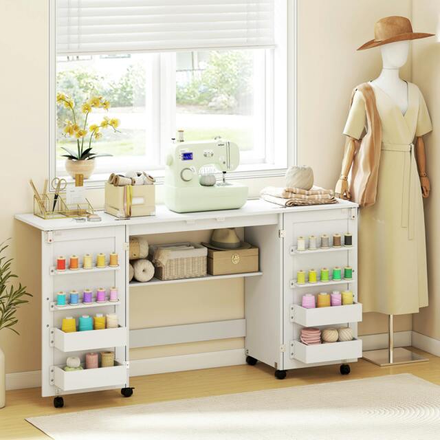 Rackhams Folding Sewing Table with 2 Magnetic Doors, Storage Shelf, White - 160W x 40D cm - 160W x 40D x 81.5H cm - Sewing Table