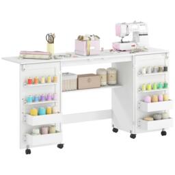 Rackhams Folding Sewing Table with 2 Magnetic Doors, Storage Shelf, White - 160W x 40D cm - 160W x 40D x 81.5H cm - Sewing Table - thumbnail 2