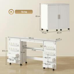 Rackhams Folding Sewing Table with 2 Magnetic Doors, Storage Shelf, White - 160W x 40D cm - 160W x 40D x 81.5H cm - Sewing Table - thumbnail 3