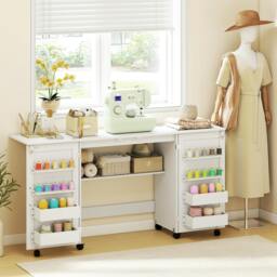 Rackhams Folding Sewing Table with 2 Magnetic Doors, Storage Shelf, White - 160W x 40D cm - 160W x 40D x 81.5H cm - Sewing Table - thumbnail 1