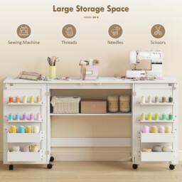 Rackhams Folding Sewing Table with 2 Magnetic Doors, Storage Shelf, White - 160W x 40D cm - 160W x 40D x 81.5H cm - Sewing Table - thumbnail 5