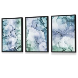 Rackhams Set of 3 Abstract Floral Fluid in Blue Green and Purple Framed Wall Art - 30x42cm (A3) - Black - thumbnail 1