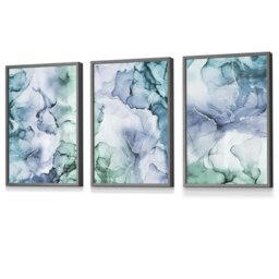 Rackhams Set of 3 Abstract Floral Fluid in Blue Green and Purple Framed Wall Art - 30x42cm (A3) - Black - thumbnail 5