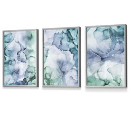 Rackhams Set of 3 Abstract Floral Fluid in Blue Green and Purple Framed Wall Art - 30x42cm (A3) - Black - thumbnail 3
