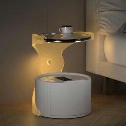 Rackhams Hutton Round Bedside Table With Storage & Light Strip - White - thumbnail 5