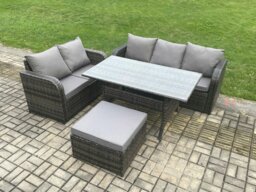 Rackhams Outdoor Garden Patio Furniture Wicker Rattan Oblong Rectangular Dining Table and Lounge Sofa set with Big Footstool Dark Grey Mixed - thumbnail 2