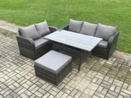 Rackhams Outdoor Garden Patio Furniture Wicker Rattan Oblong Rectangular Dining Table and Lounge Sofa set with Big Footstool Dark Grey Mixed - thumbnail 1