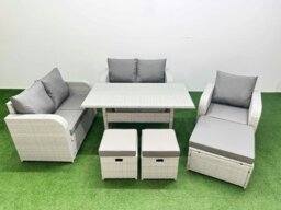 Rackhams High Back Poly Rattan Garden Furniture Set - Light Grey Indoor/Outdoor Patio Set with Reclining Chair & Dining Table - thumbnail 1